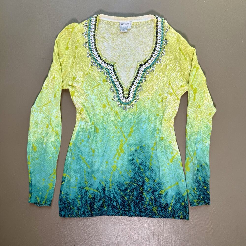 Worth Beaded Tunic Top MEDIUM Lime Blue Ombre Cotton Boho Resort Y2K